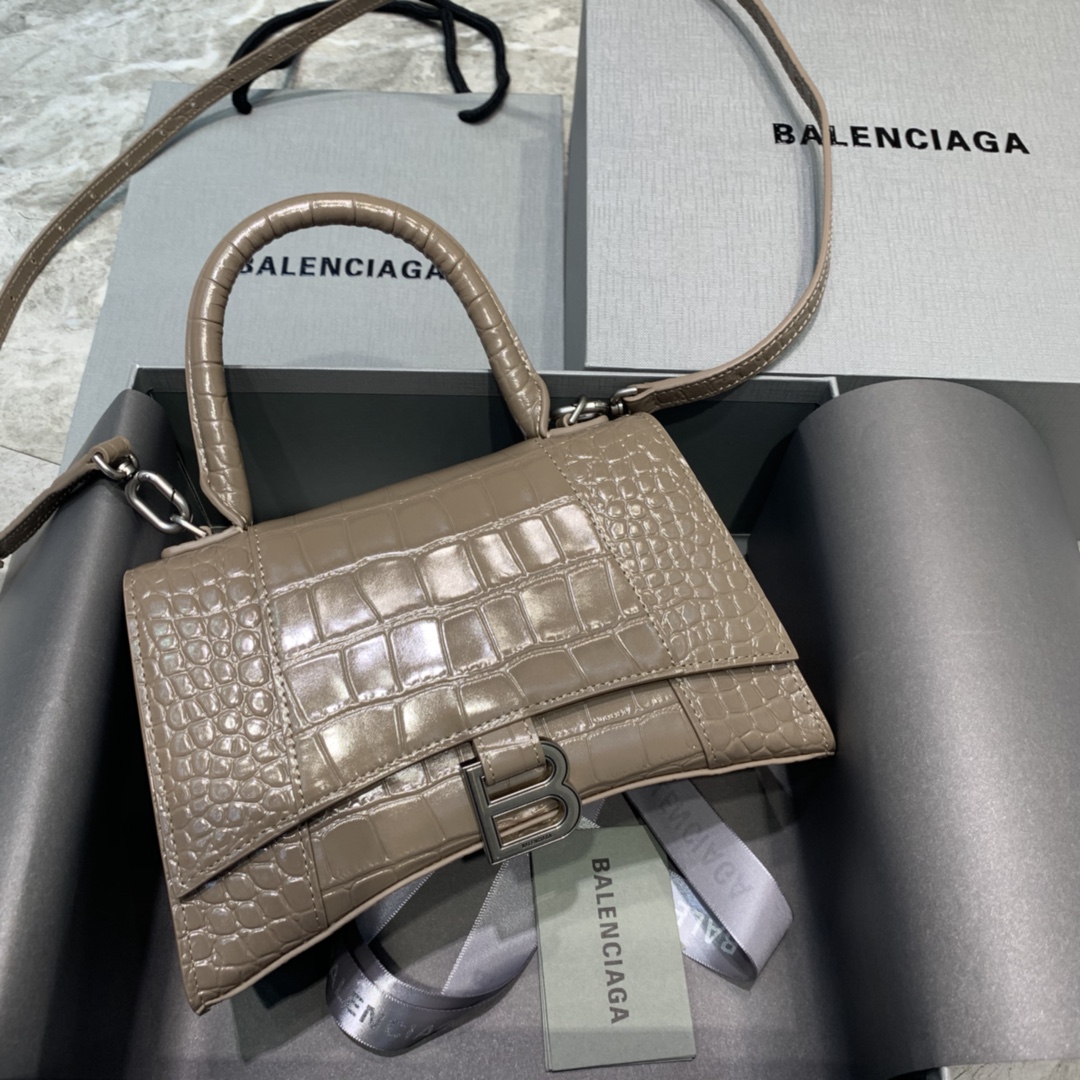 Balenciaga Hourglass Small Handbag Crocodile Embossed Shoulder Bag Dark Gray